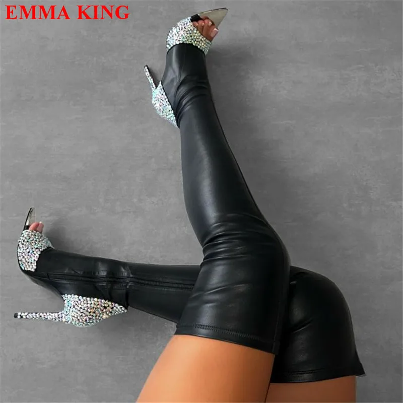 

Fashion Women Black Rhinestone Peep Toe Thigh High Boots Stretch Over The Knee Boots High Heels Party Wedding Shoes Woman 2022