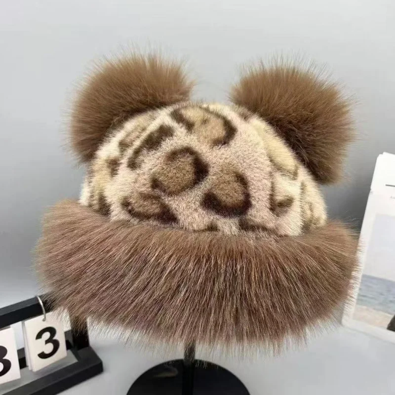 Cute Warm Fleece Plush Hats For Women Thickened Leopard Print Ear Flap Basin Cap Soft Windproof Coldproof Winter Headwear