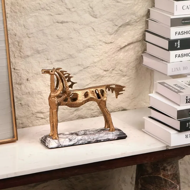 Golden Decorative Horse Sculpture Aluminum and Marble Sculpture Art Home Decorative Sculpture Home