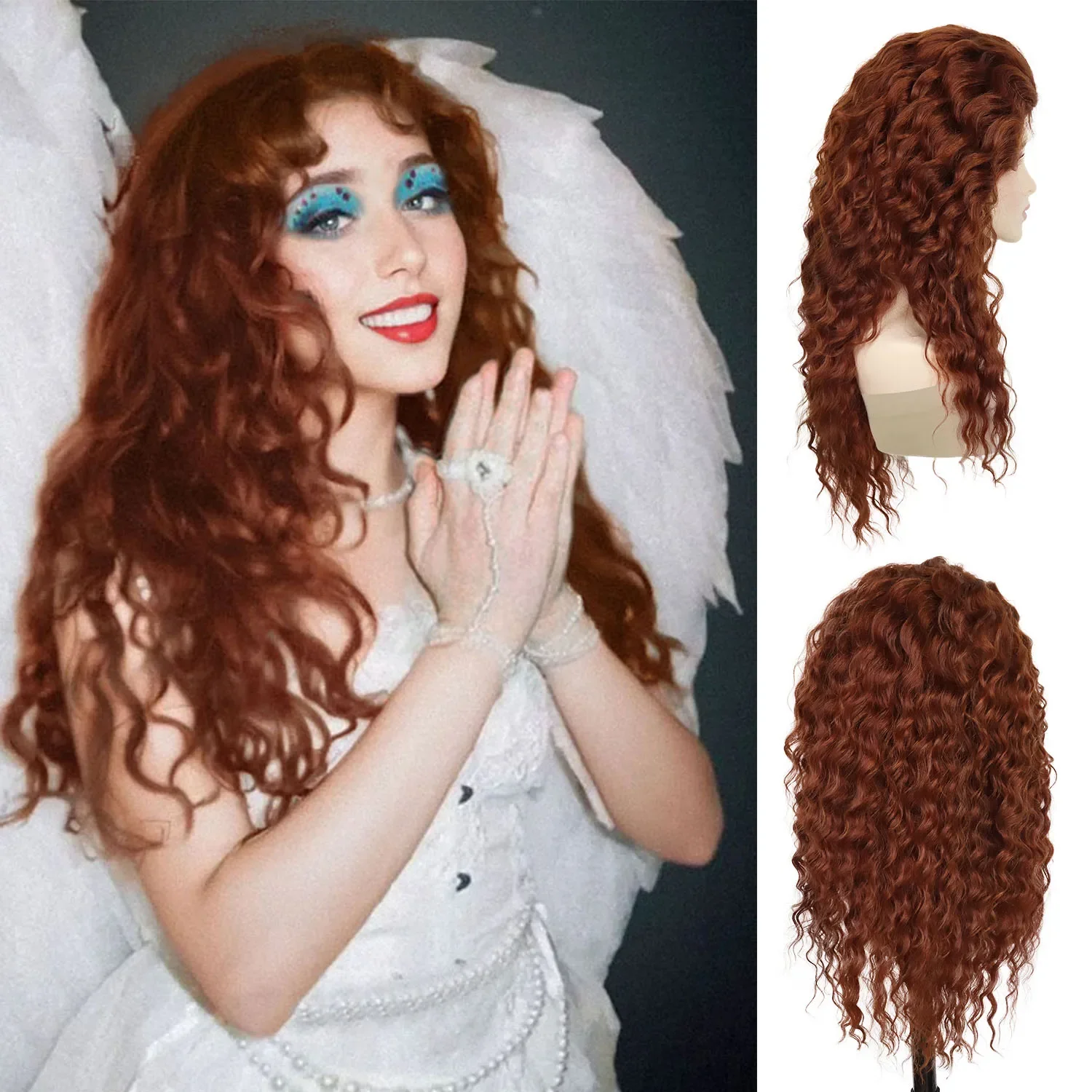 Long Curly Wigs for Women Synthetic Hair Auburn Wig with Thick Bangs Long Curly Wig for White Woman Drag Queen Costume Cosplay