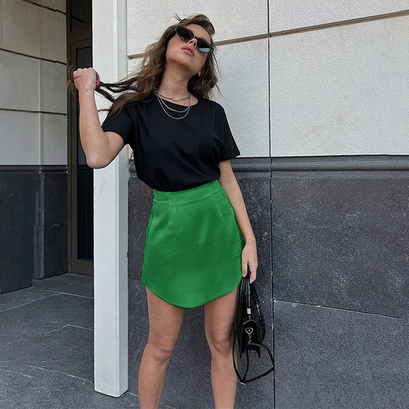 Chic elegante minigonne da donna in raso a vita alta Slim sottile a-line Package Hip Bodycon Streetwear Solid Black Green Short Skirt