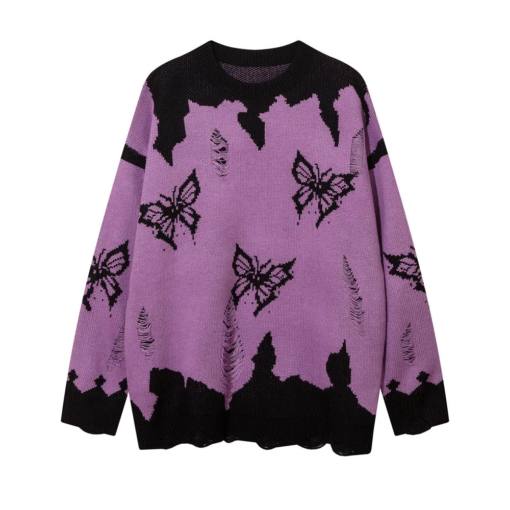 Men's  Butterfly Hook Flower Tattered Sweater High Street Loose Comfortable Round Neck Knitwear Fashion Casual Hip-hop Pullover