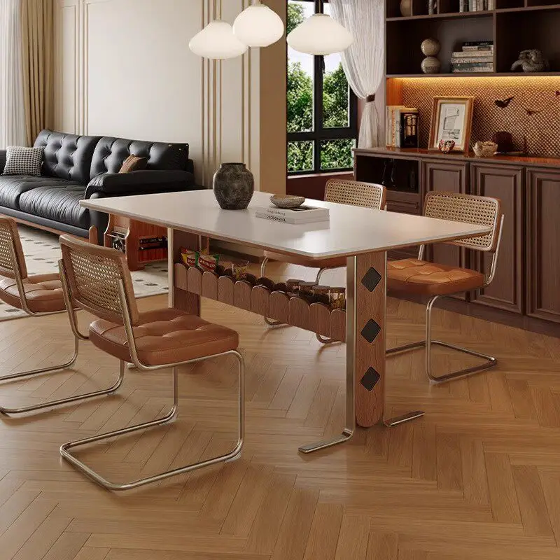 Home French Household Solid Wood Rock Slab Dining Table Rectangular Stainless Steel Kitcjen Tables Rooms Pliante Furniture