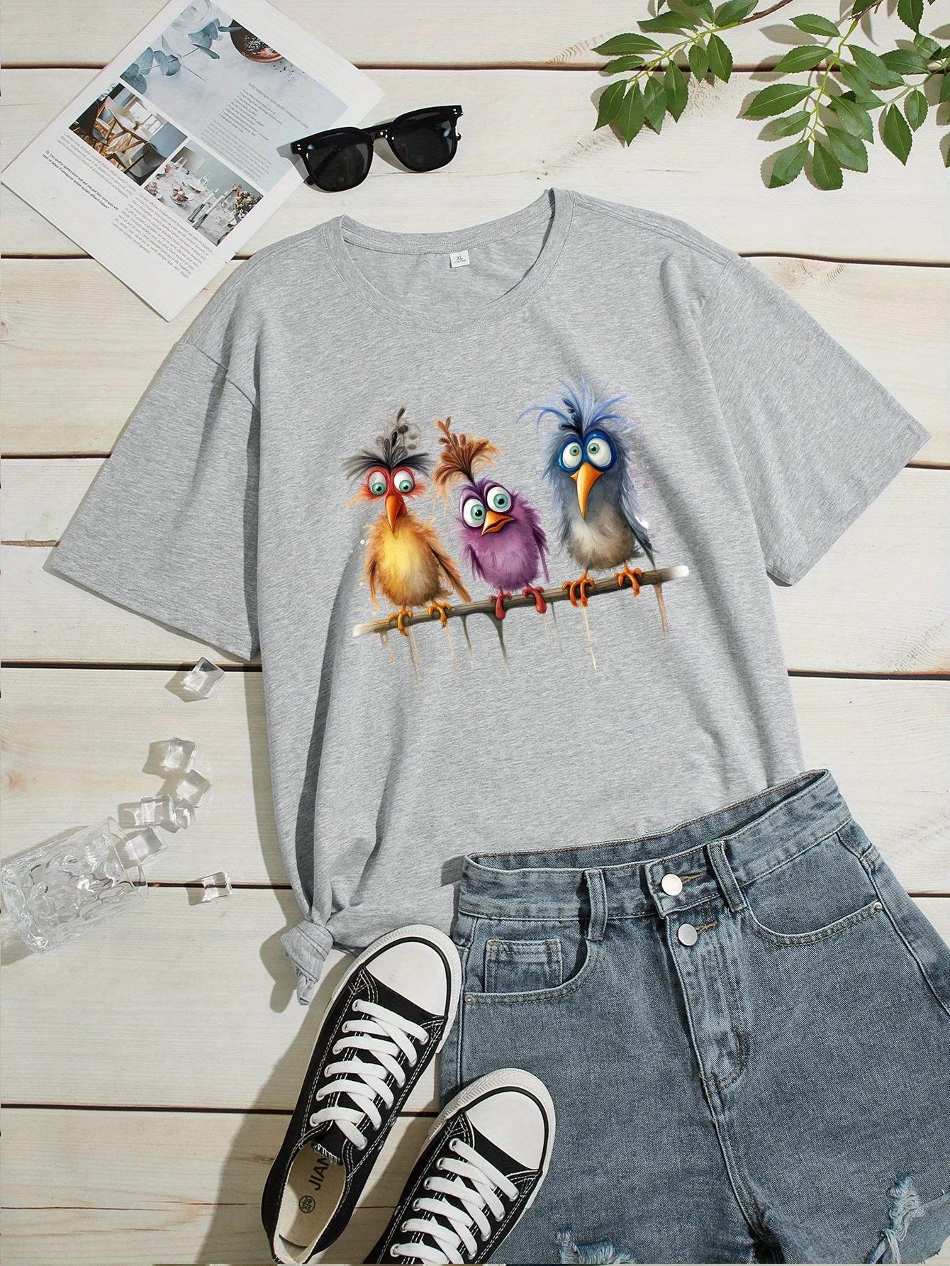 Ladies' Watercolor Bird Pattern T-shirt Street Style Round Neck Short Sleeve Top Casual Summer Printed Design Bird Theme T-shirt
