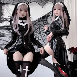 Halloween Latex Nun Costumes Women Sexy Black Leather Bodysuit With Headwear Nun Cosplay Dress Outfits Carnival Party Clothes