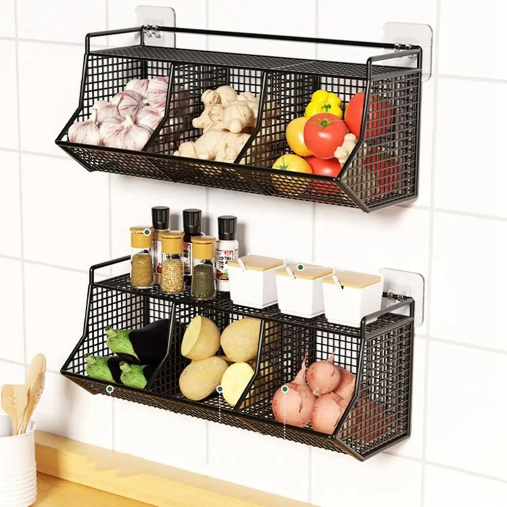 Multi-Functional Iron Hanging Storage Basket Black Wall Mounted Onion Ginger Garlic Basket No-Punch 3 Grids Spice Rack Kitchen