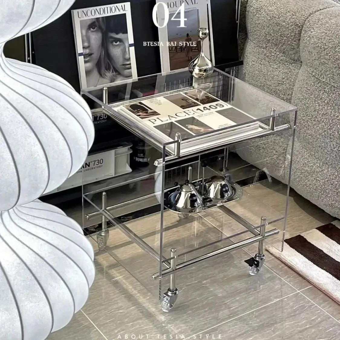 Nordischer Kreativer Schlafzimmer-Nachttisch aus Edelstahl, Mobiler Wohnzimmer-Acryl-Couchtisch, Aufbewahrungsregal für das Arbeitszimmer