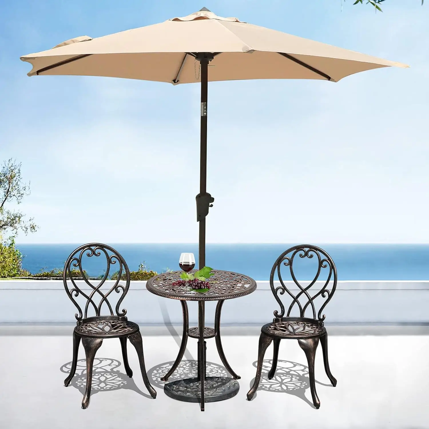 3 Piece Outdoor Bistro Set, All Weather Cast Aluminum Patio Dining Retro Table and Chairs with 2’’ Umbrella Hole, Bronze