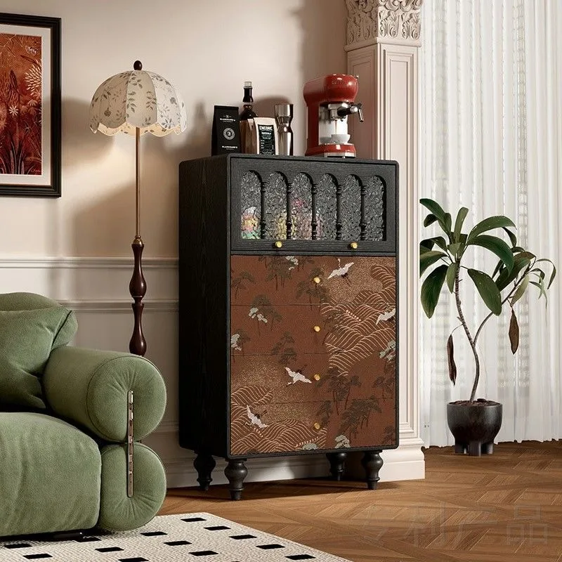 Medieval crane picture solid wood living room dining side cabinet shoe cabinet drawer storage four chest cabinet restaurant coff