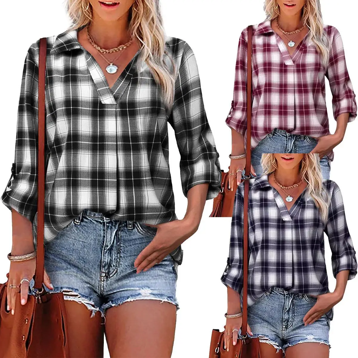 

Women's V-Neck Long Sleeve Checkered Shirt Pullover Commute Style Comfortable Fit Winter Collection Fashion Ladies' Clothing