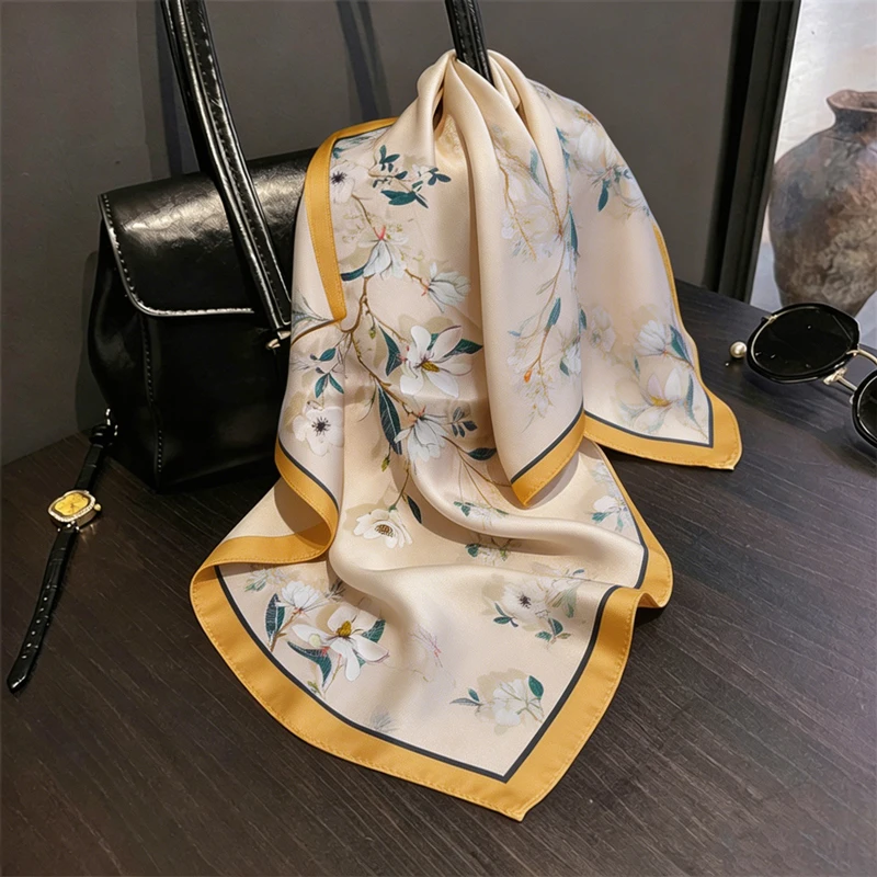 

100% Silk Square Scarf Elegant Magnolia Bandana Hijab Fashion Bag Accessory Neck Scarf Lovely Gift for Girlfriend Ladies Daily