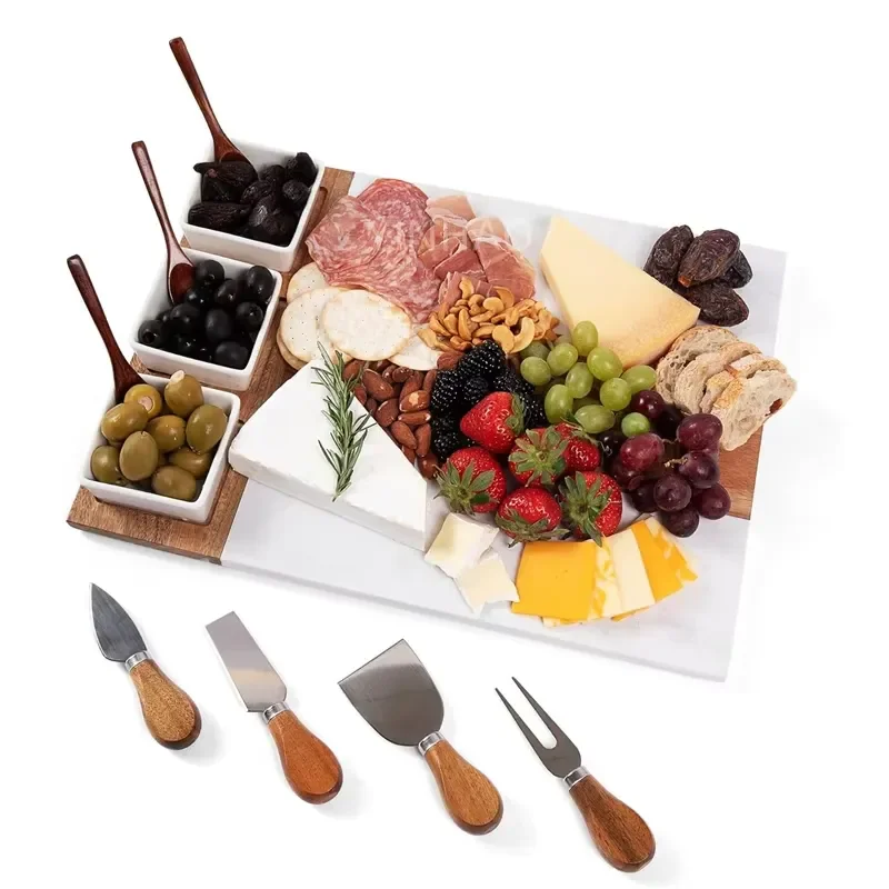 Promotional price 11 pieces Acacia wood marble cheese board set serving platter gift appetizer board with accessories