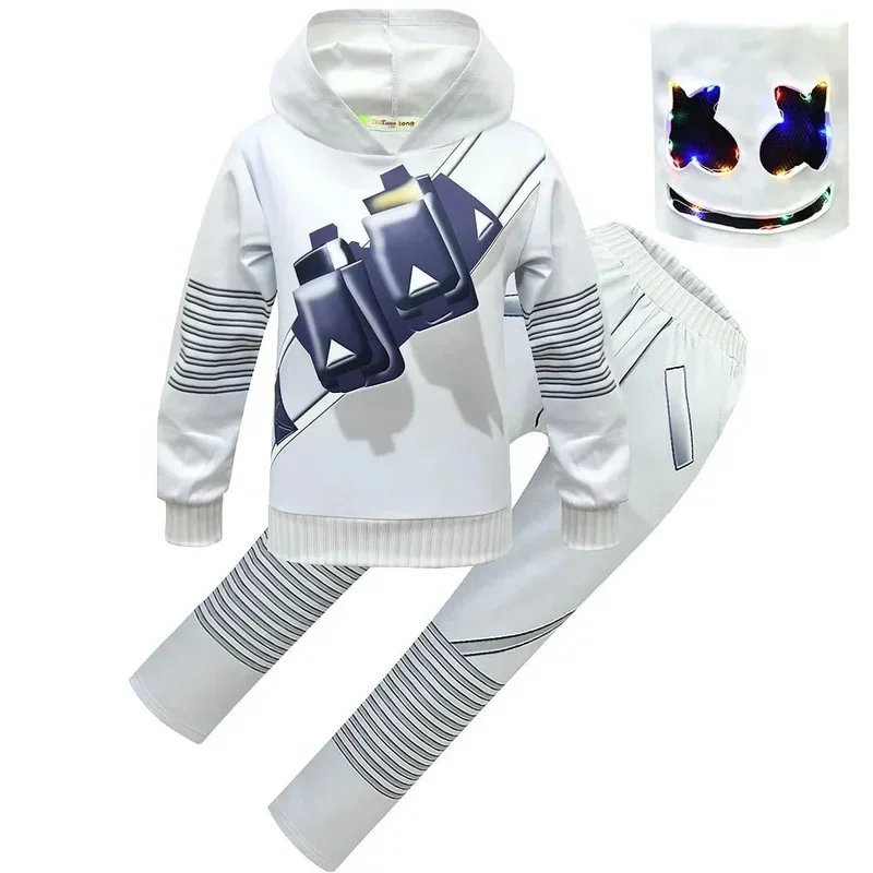 2025 New Kids Cosplay Costume Halloween DJ Marshmellosing Dress Up with Mask Boy Girls Hoodies Pants Suit Carnival Party Elec AA