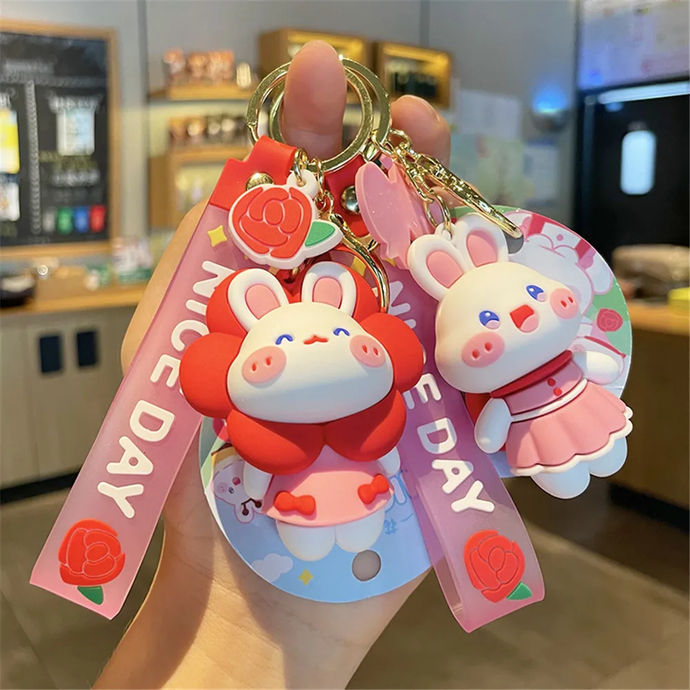 New in Cartoon Rabbit Keychain for Door Car Key Schoolbag Handbag Gift Creative PVC Alloy Pendants Cute Flower Anime Keyring