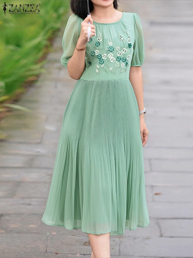 

ZANZEA Women Summer Dress Casual Loose Pleated Sundress Summer Floral Printed Vestidos 2025 Fashion Short Sleeve Mid-Calf Robe