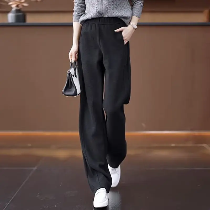 Elastic Waist Fashion Banana Pants Women Autumn Winter Casual Wide Leg Straight Plus Fleece Thicken Thermal High Waist Trousers