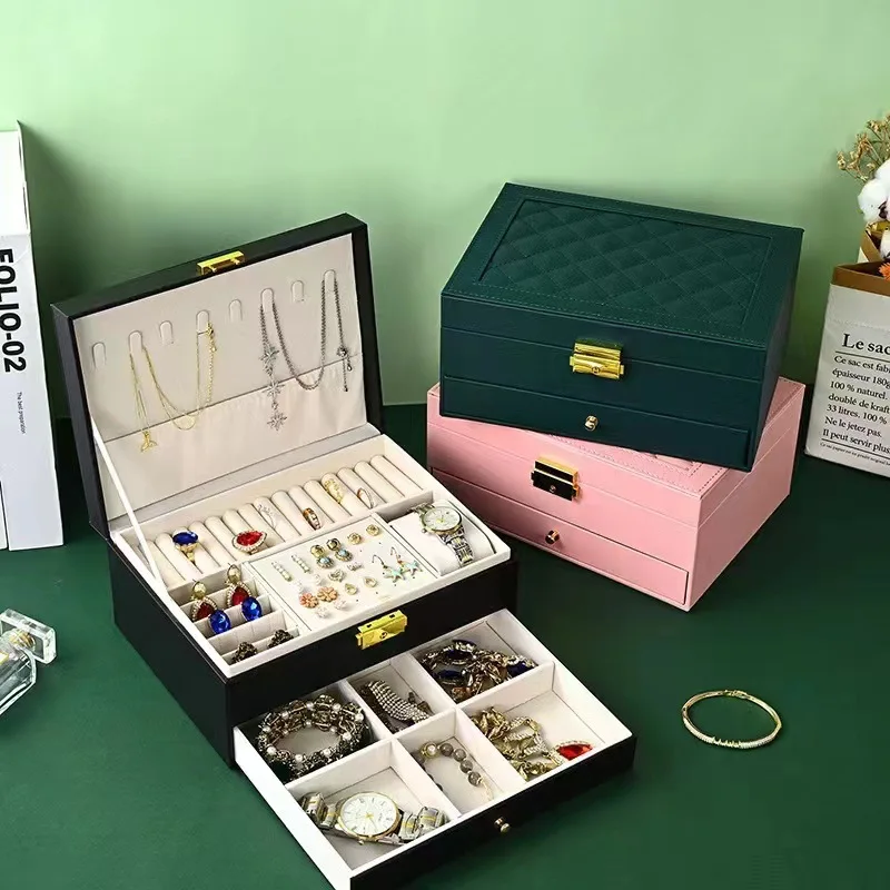 

Diamond lattice double drawer jewelry storage box European princess box