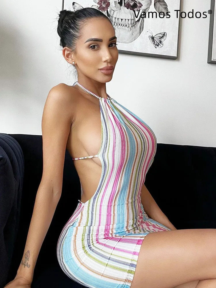 

Multicolor Striped Mini Dress For Women Summer Clothes Neck Mounted Backless Sexy Bandage Dress Y2k Sleeveless Vestido Feminino