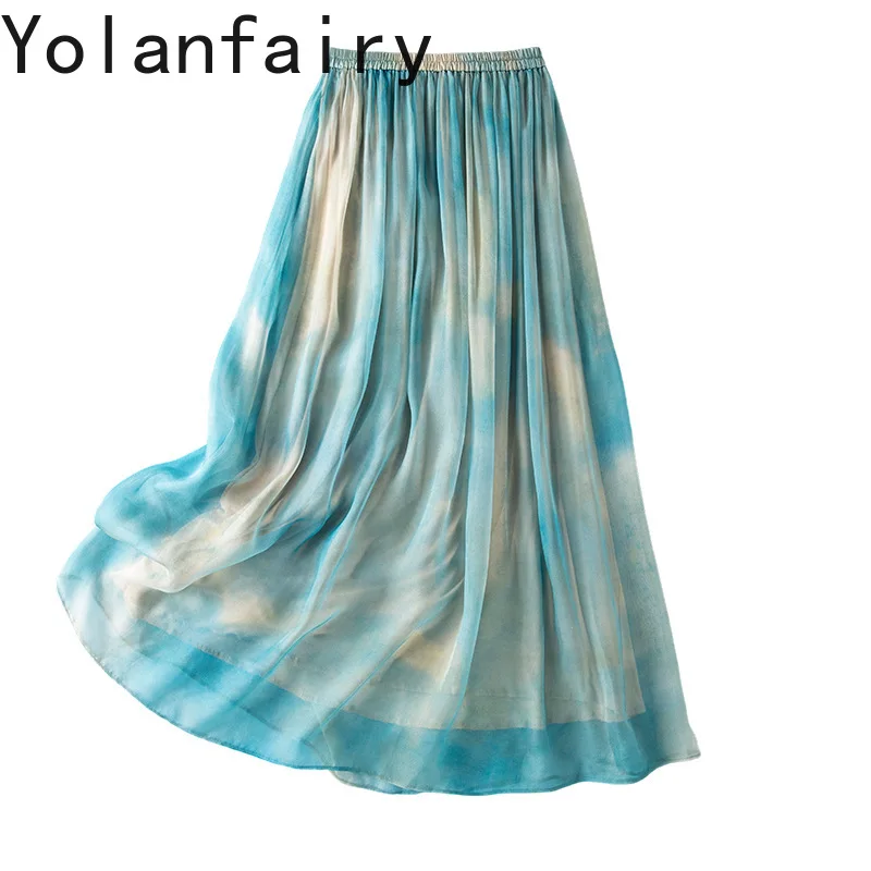

YOLANFAIRY Light Luxury Printed A-line Skirt Women Summer 100% Real Mulberry Silk Skirts for Woman Elastic Waist Elegant Skirt