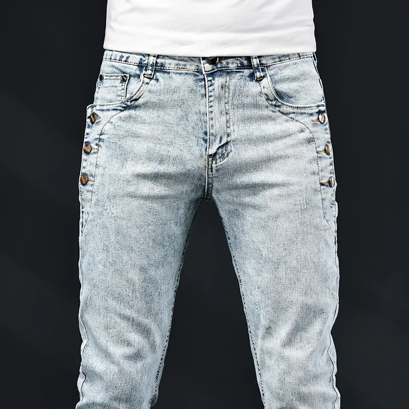Slim Skinny Jeans Men New Elastic Korean Design Fashion Multi-Button Blue White Vintage Wash Cotton Stretch Denim Pants Trousers