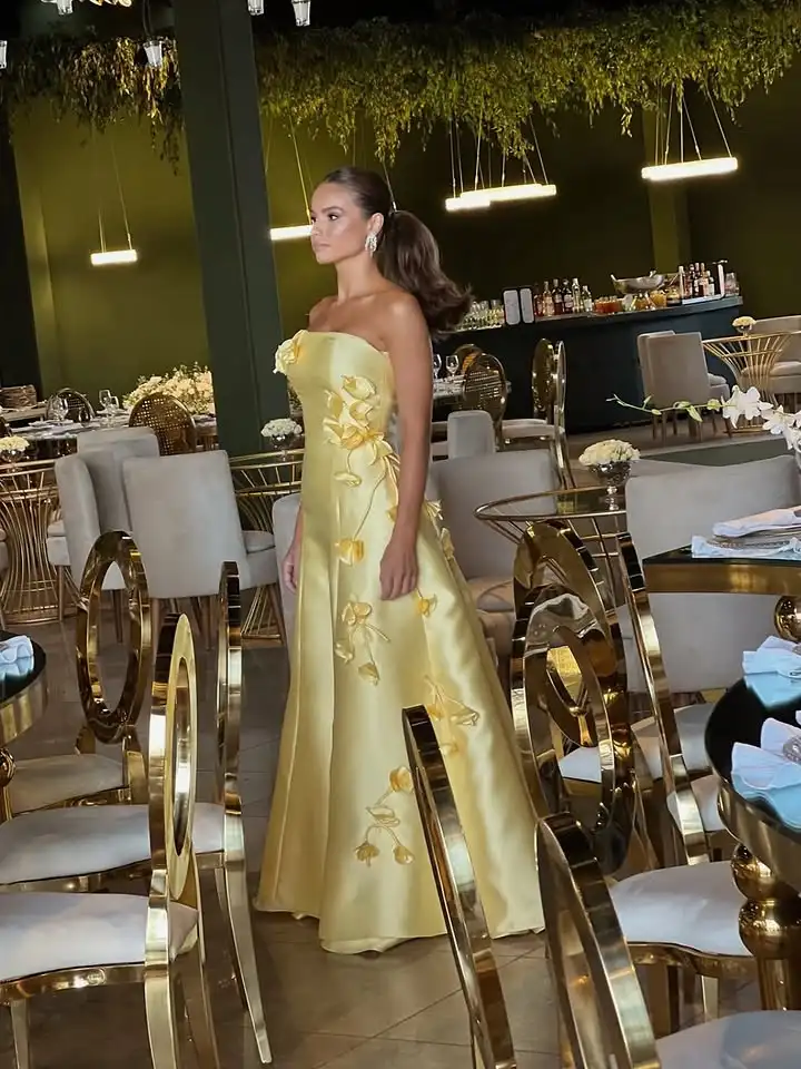 Vestidos de noche árabes personalizados, con flores amarillas, vestidos formales para mujeres, vestidos de fiesta sin tirantes, vestidos de novia para mujeres de Dubái, vestidos para fiestas.