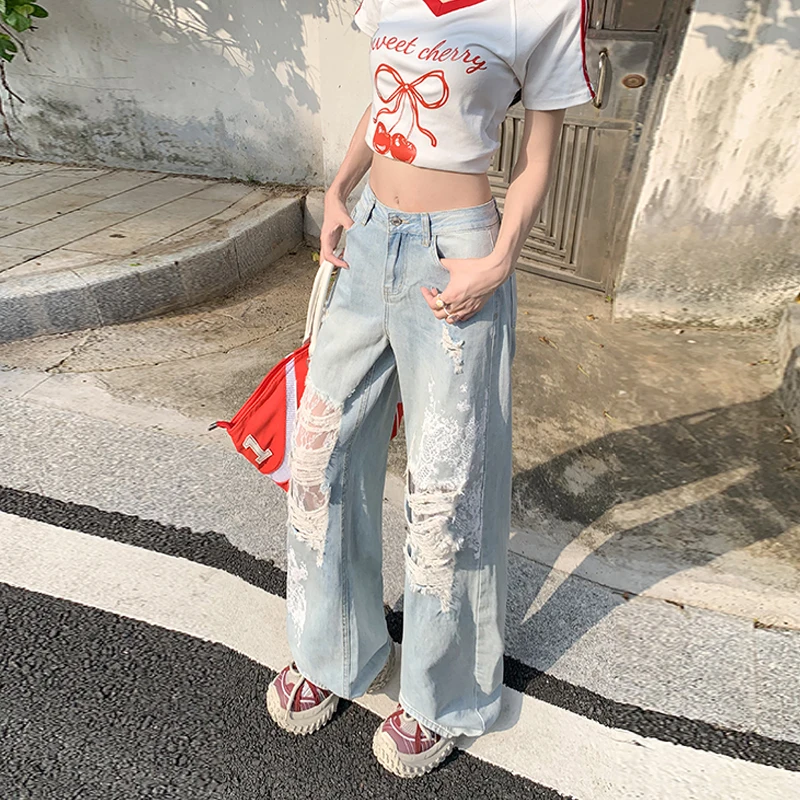 Vintage Y2K Harajuku Lace Ripped Jeans Women Low Rise Light Wash Wide Leg Denim Pants 2025 Summer Retro Grunge Girl Trousers