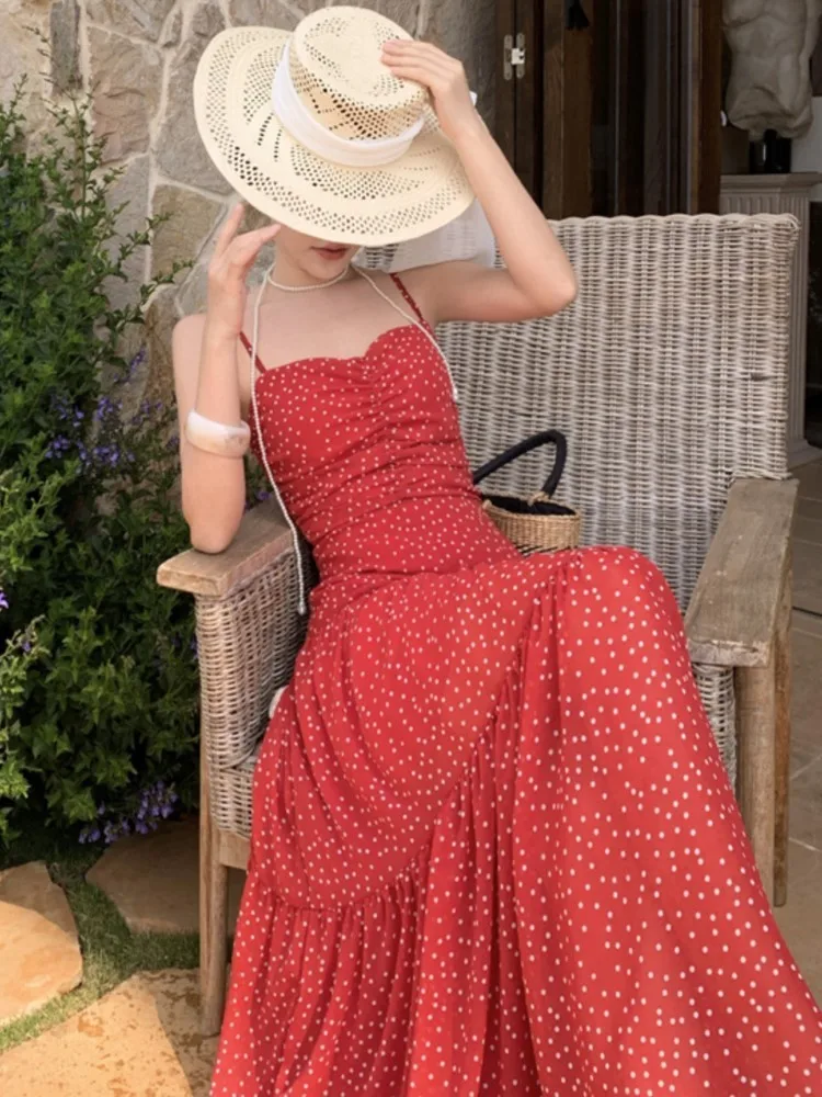 

Women Sexy French Polka Dot Sling Dress Summer Sleeveless Lace up Red Retro Backless Pleated Dresses Holiday Beach 2025 Vestidos