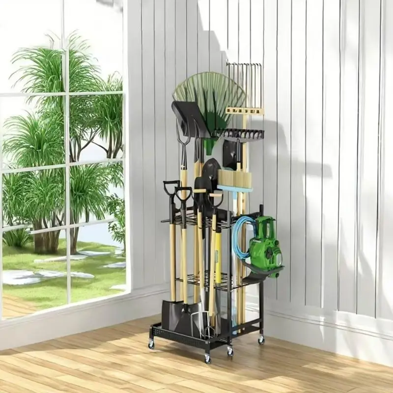 Practical Level Garden Tool Stand For Shovels Rakes Brooms And Yard Equipment Wall Mountable Holder KXRE