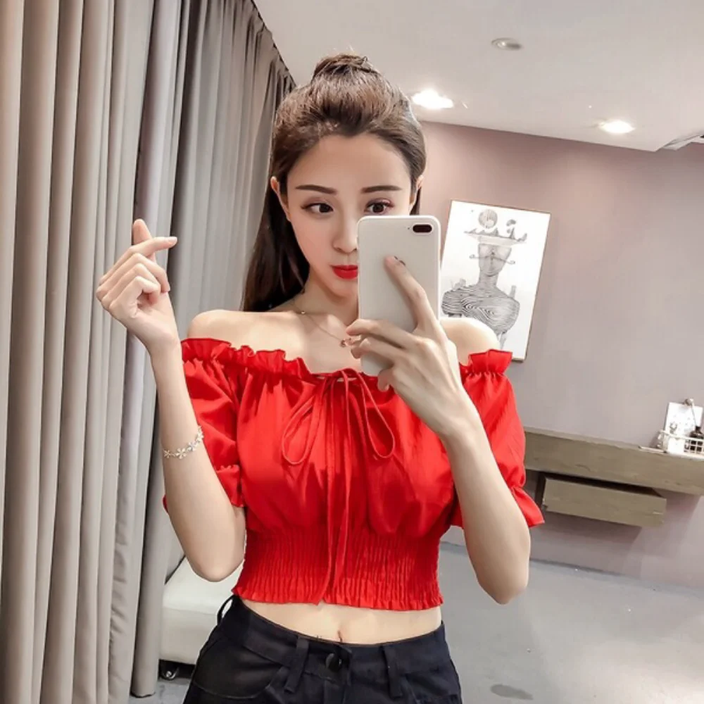 Summer Off Shoulder Crop Top Women Summer Long Sleeve T Shirt tshirt Elegant Party Club Tee Shirt Femme Dames Streetwear