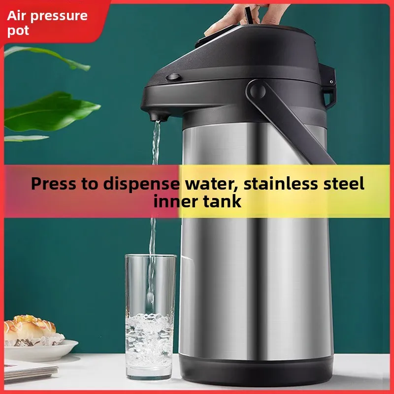 Air-pressurized hot water bottle with large capacity, stainless steel inner and outer shell, press-type warm water thermos