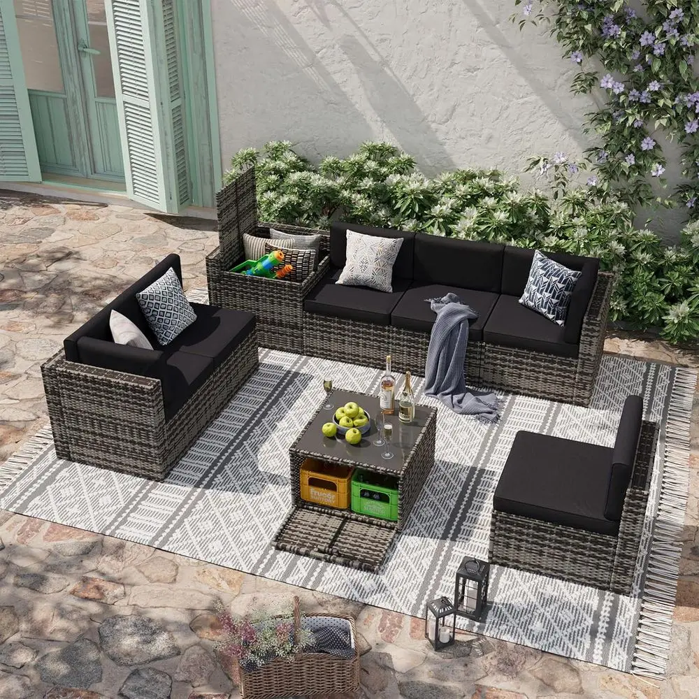 

8 Piece Patio urniture Set, Wicker Rattan Outdoor urniture Set with Storage Box and Glass Top Table, Patio Sectional Set with Th