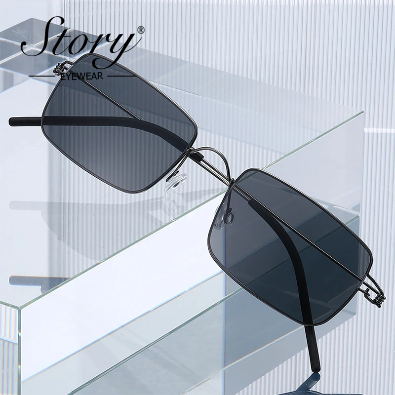 STORY Fashion Metal Minimalist Rectangle Sunglasses for Women Men Design Trendy Light Grey Lens Sun Glasses Small Shades S21008M