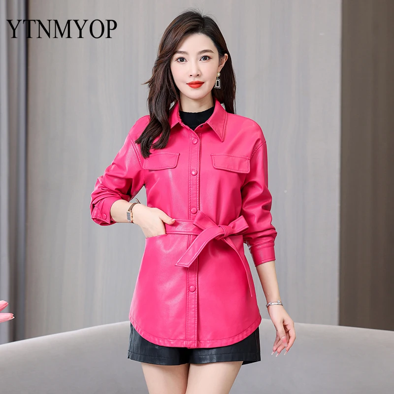 Spring And Autumn Clothing  Belt Slim Fashion Leather Coat Woman Outwear High Quality M-3XL Loose Jacket Suede