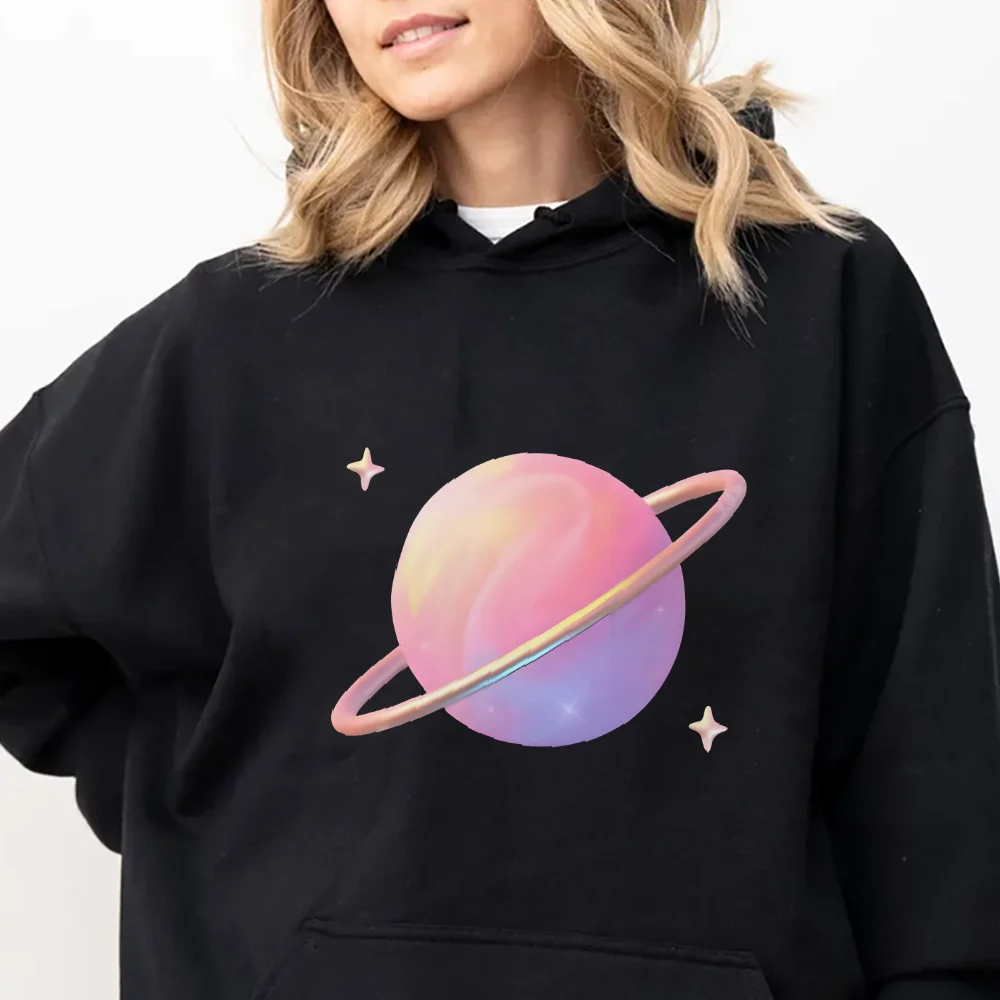 

Planet with Rings Print Cosmic Mystical and Stellar Y2k Graphic Hoodie Simple Style Clothes Soft Fabric for Space Casual Looks