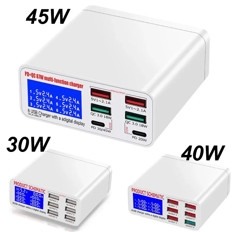 Digital LCD 6 Ports USB Smart Fast Charger Station Charging HUB 30W/40W/45W QC 3.0 PD 45W 20W Desktop Stand For Tablet PC Phone