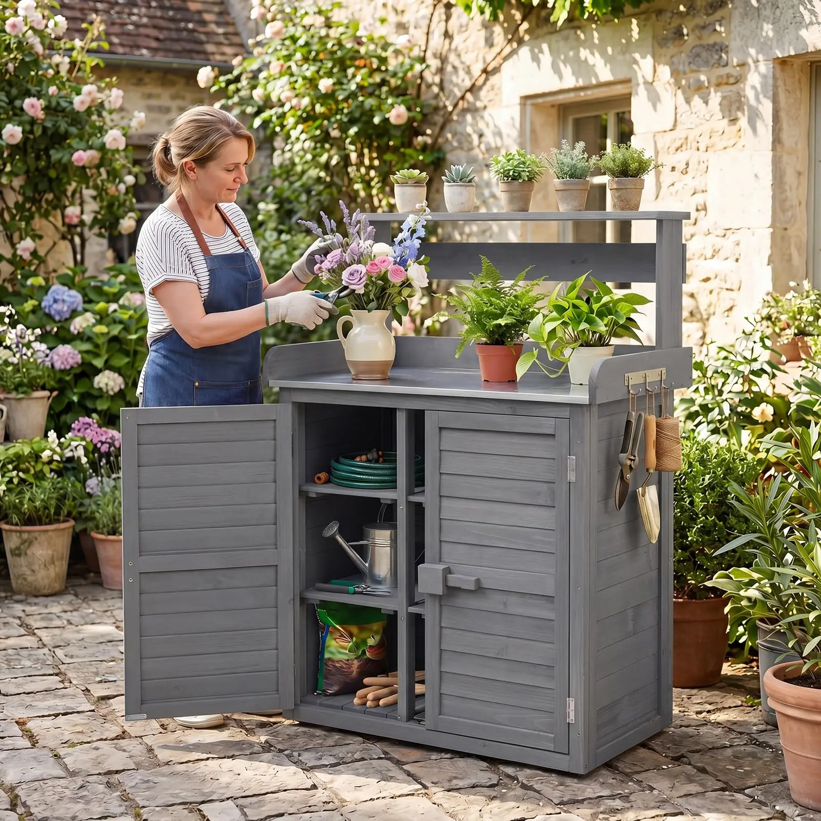 Garden Potting Bench Table with Stainless Steel Tabletop
