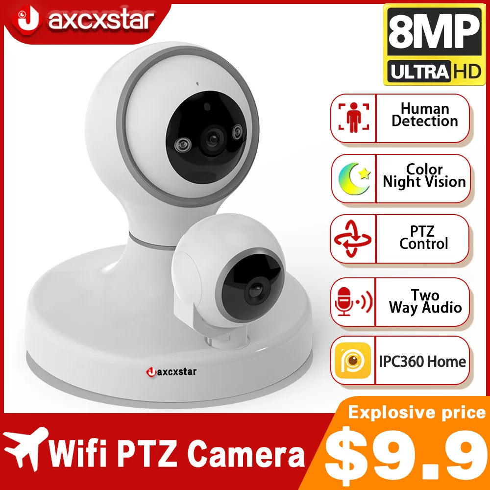 4K 8MP WiFi PTZ IP Camera Video Monitoring Security Dual Lens Dual Screen Two Way Audio Indoor Baby Monitor CCTV Camera IPC360