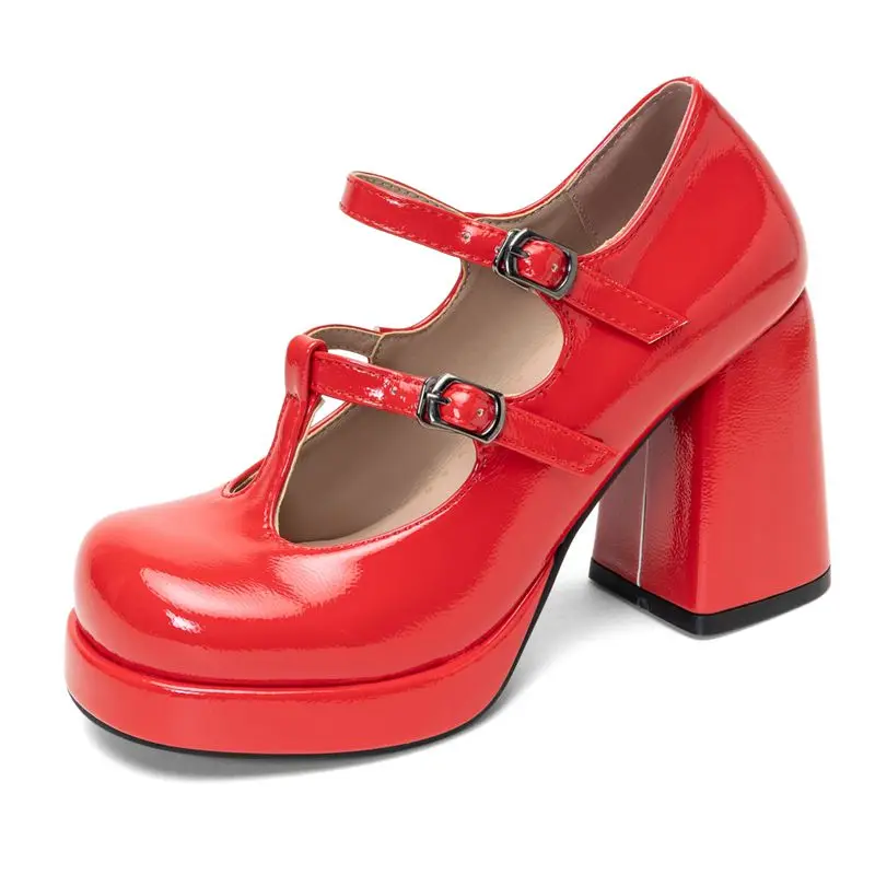 

Ретро-туфли женские блестящие с круглым носком, на каблуке 9,5 см, платформе 2 см, с Т-образным ремешком и пряжкой, в стиле Мэри Джейн, размеры 44-45, осенние