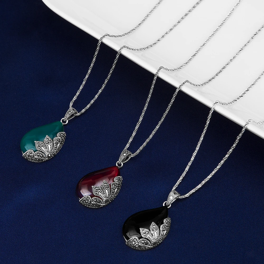  YYSuniee Solid 925 Sterling Silver Necklace for Women Vintage Thai Silver Black Onyx Green Agate Chalcedony Moonstone Pendant