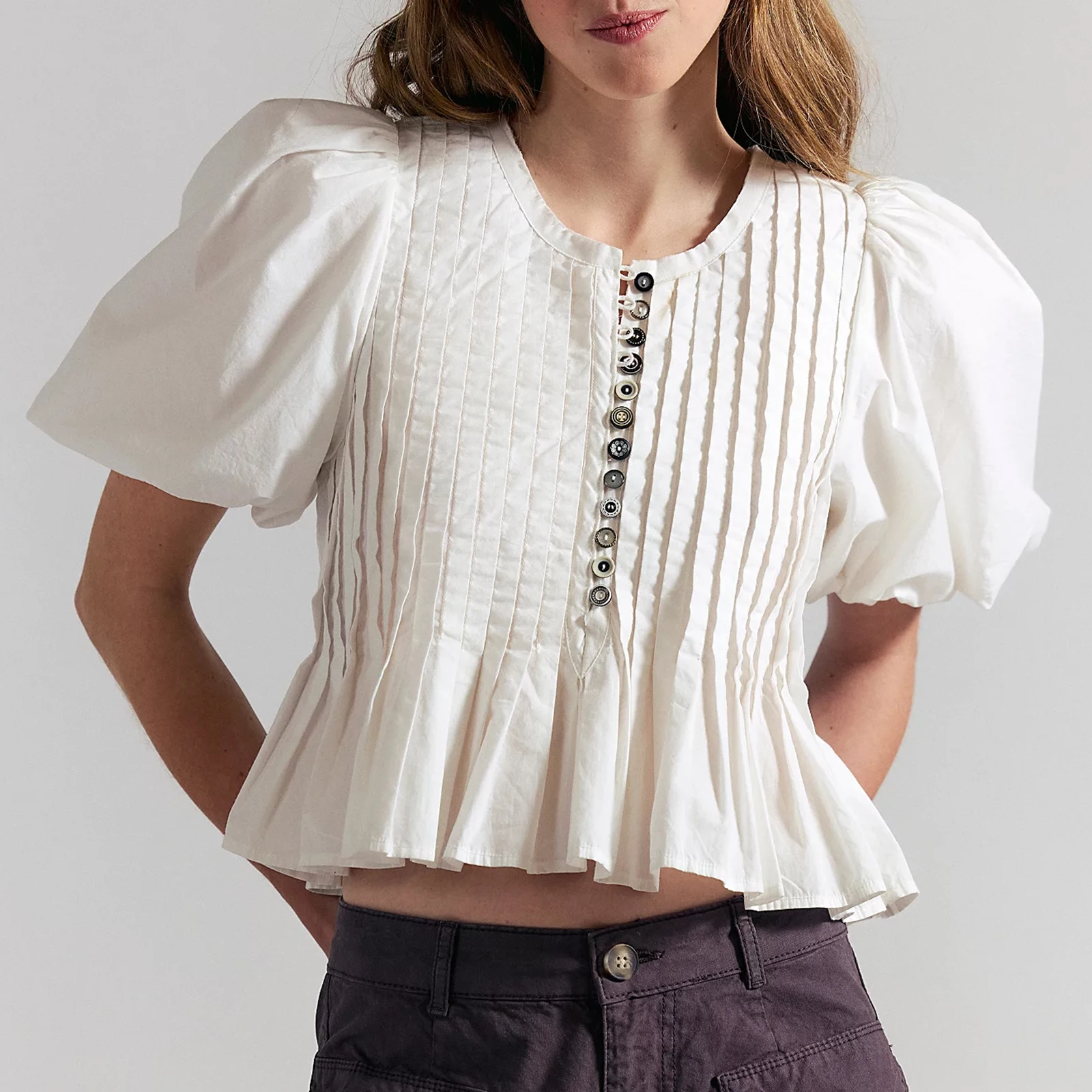 2026 Fashion Women's Pleated Ruffle Shirts Summer Sexy Ladies Solid Color Bubble Short Sleeve Button Down Tops White T-Shirts