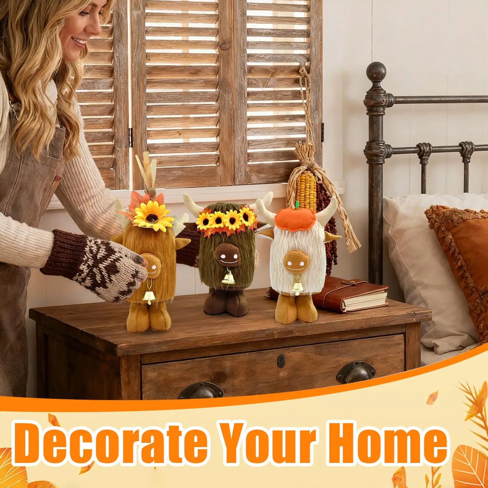 

Highland Cow Plush 3 Pieces 11 Inch Cute Fall Decorations Thanksgiving Fall Gnome for Holiday Birthday Party Offices Home Garden