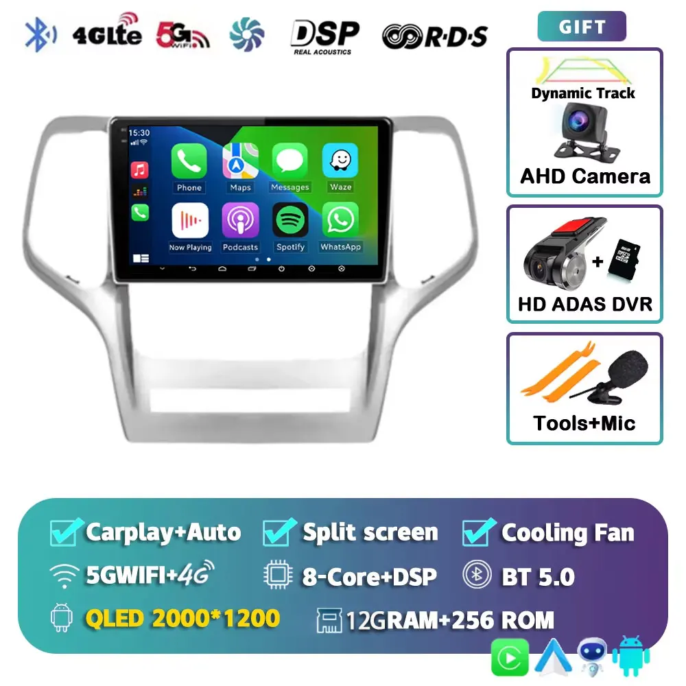 Android 15 voor Jeep Grand Cherokee 2008 2009 2010 2011 2012 2013 QLED scherm autoradio multimediasysteem Carplay Auto navigatie