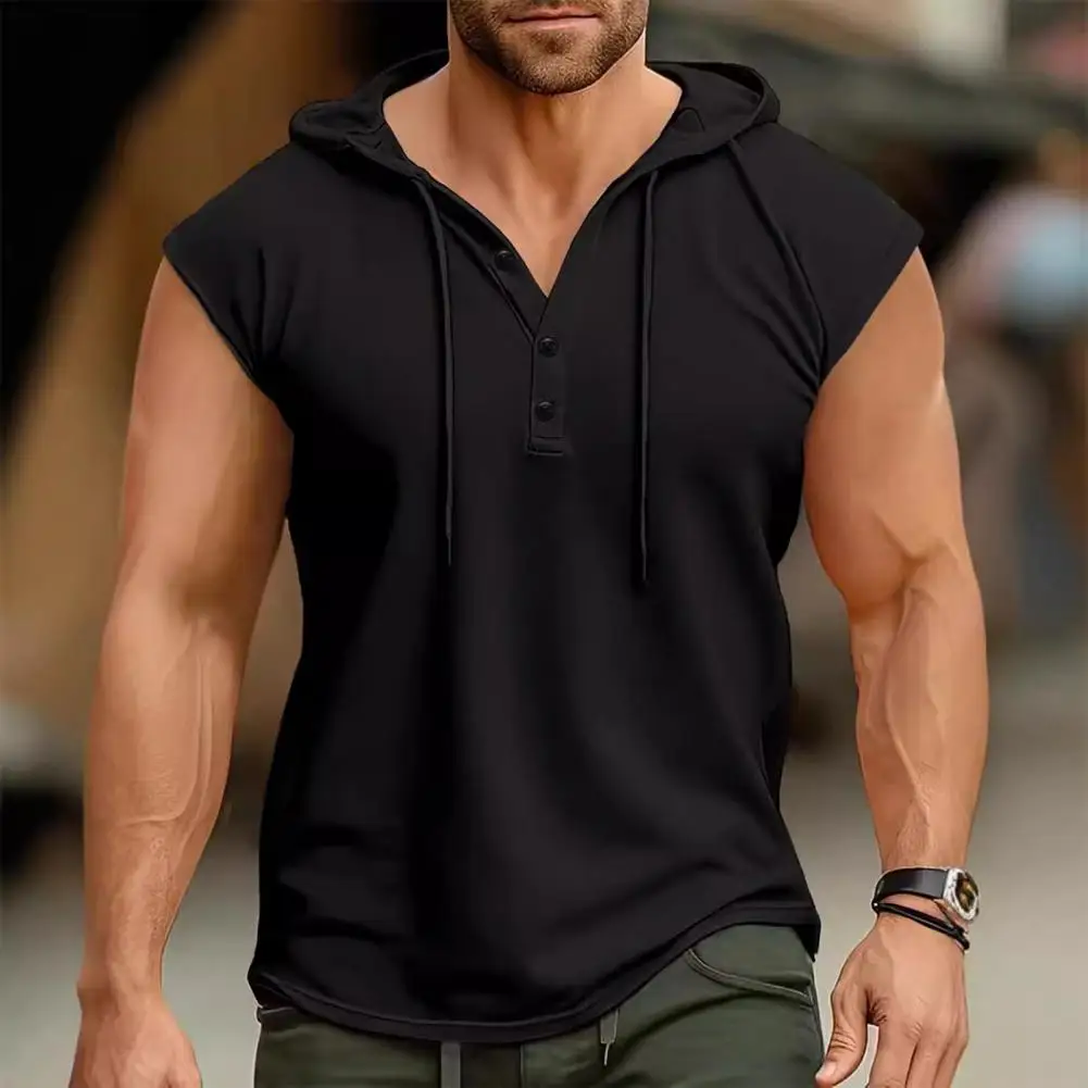 

Versatile Men Tank Top Stylish Men's Hooded Sports Vest With Adjustable Straps Button Closure Hooded Pullover Shirt