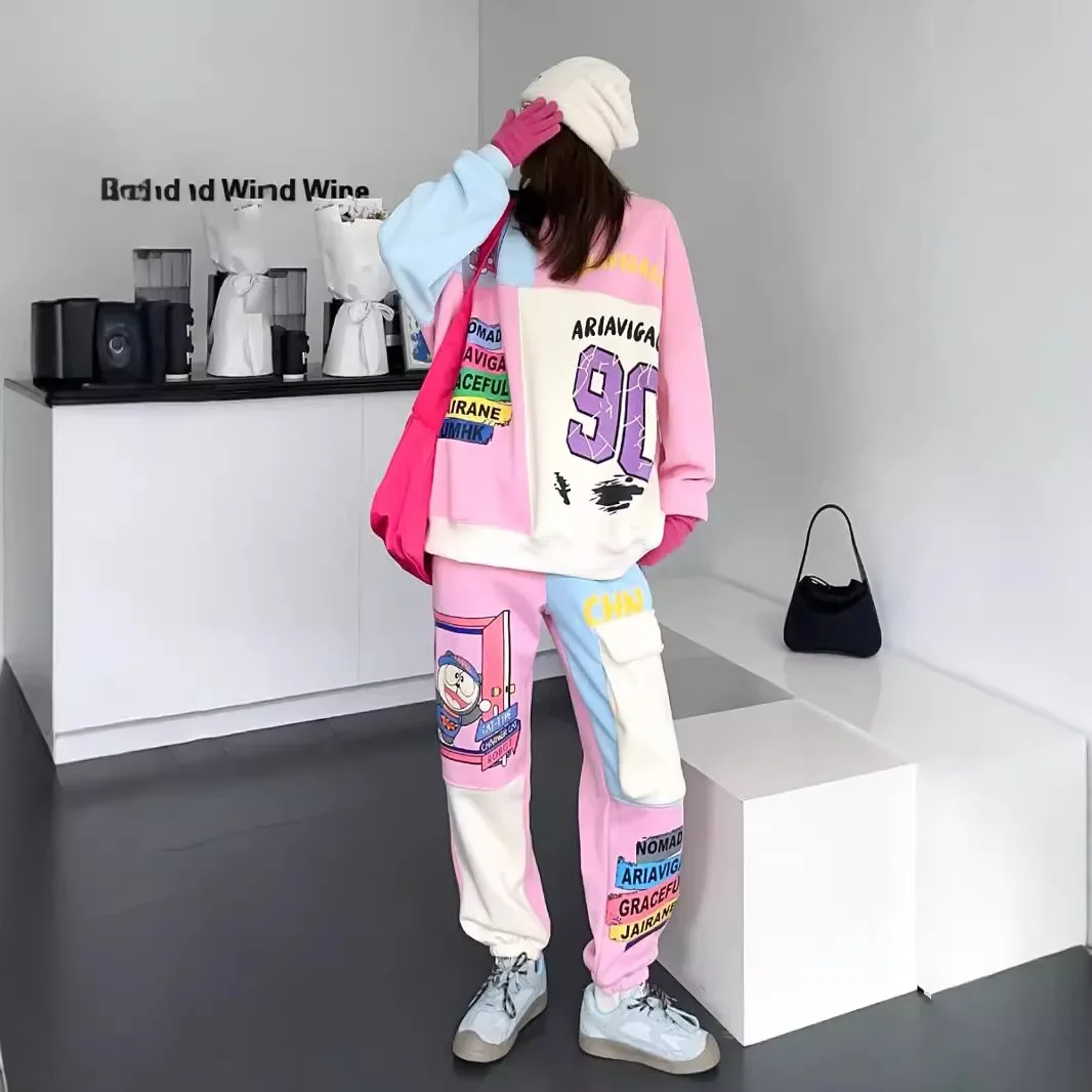 Winter College Style Contrasting Color Splicing Oversized Sweatshirt and Thickened Sweatpants Fleece Casual Sports Sets Women