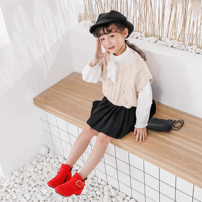 Girls High Heel British Style Princess Shoes New Children Solid Color Short Boots Kids Buckle Ankle Strap Velcro Fashion Boots