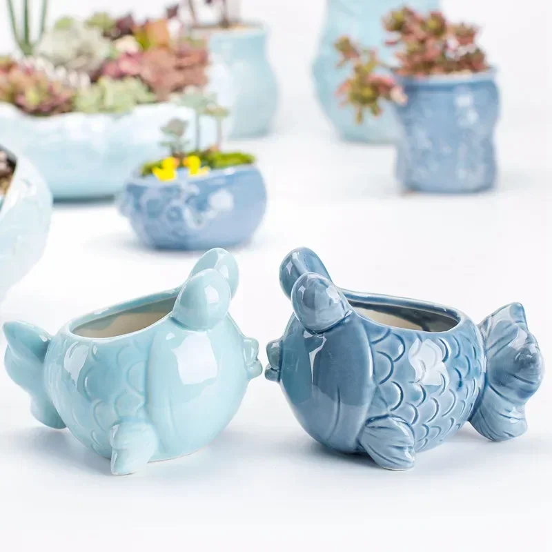 Ceramic Succulent Flower Pot Ocean Plant Pot Blue Sea Design Porcelain Potted Basin Whales Starfish Shell Fish Planter