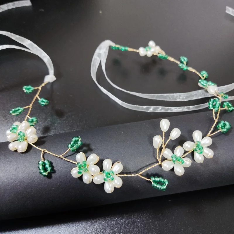 

Свадебный головной убор невесты: украшение для волос в стиле принцессы с искусственным жемчугом, зелеными бусинами и стразами, на проволочной основе, для выступлений и свадебных торжеств