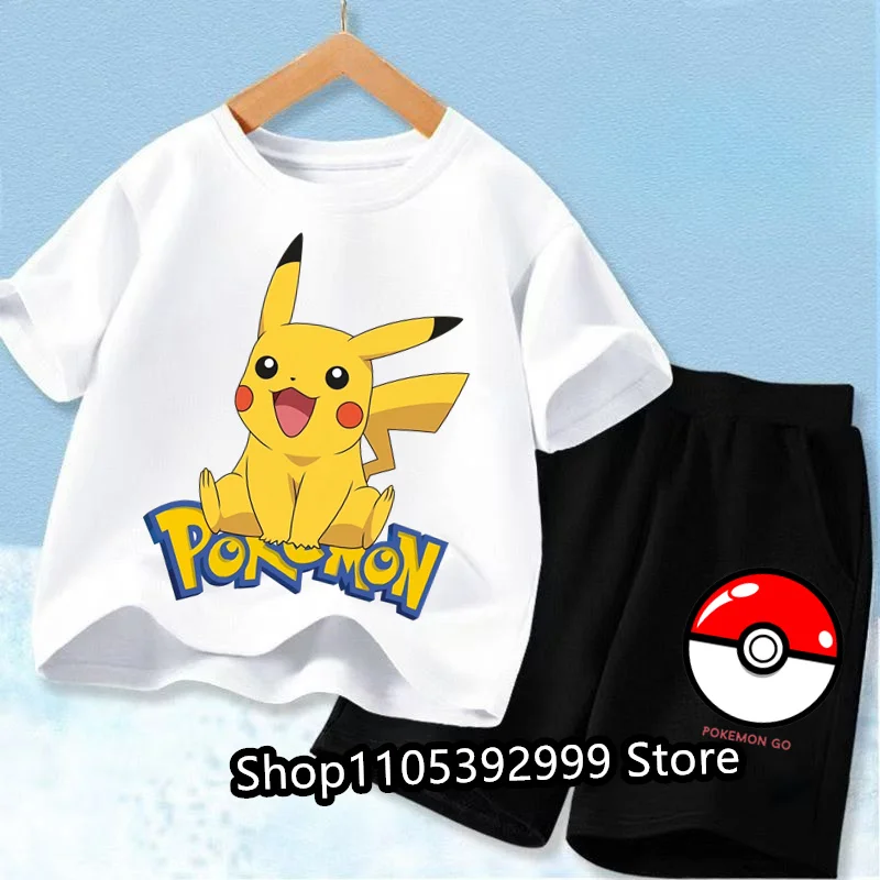 kids Hot Sale Kawai T-shirt Two-piece Set 3-12Yrs Pokemon Summer Anime Pikachu Boys Girls Short-sleeved+Shorts Casual Cute Coat