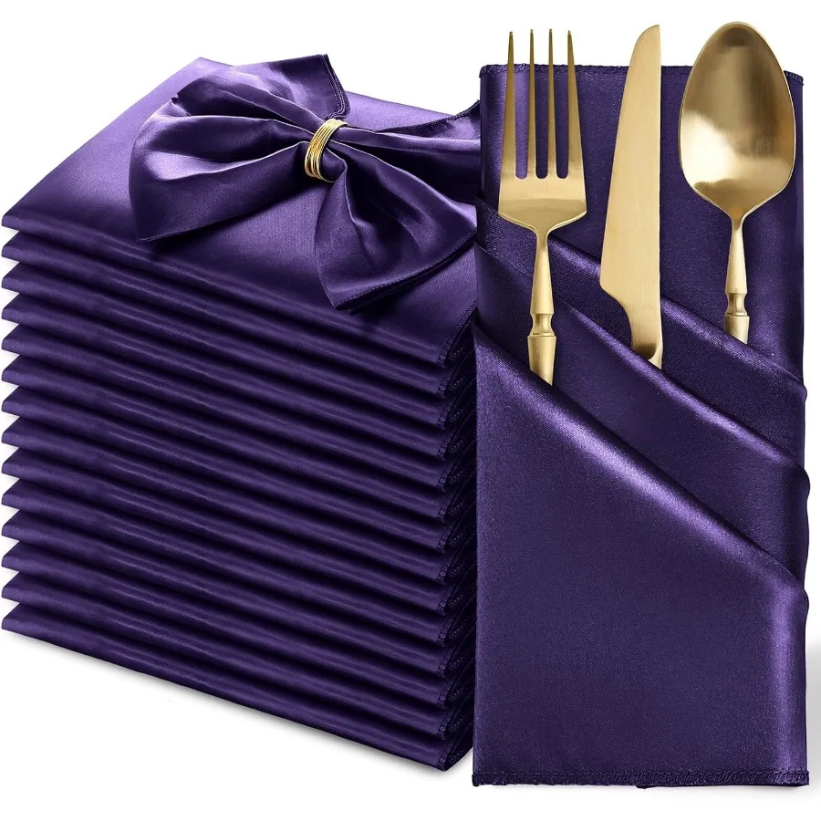 

12 упаковок квадратных фиолетовых атласных салфеток 20 x 20 дюймов, мягкие шелковые салфетки для ужина, гладкие декоративные салфетки для стола, многоразовая тканевая салфетка