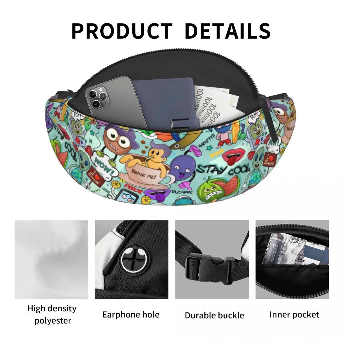 BtIves Arre Cartoon Characters Fanny Pack pour hommes et femmes, Alien Graffiti, Casual Crossbody, Waist Bag for Running, Phone, Money Powder